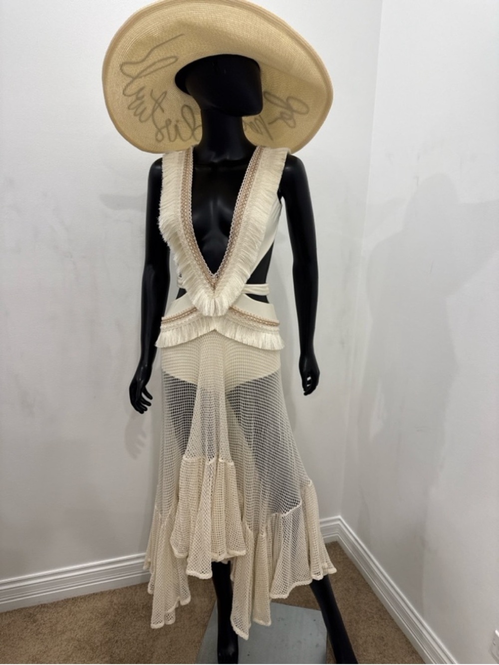 PatBO Ivory Fringe Crochet Cutout Maxi Dress | Resort Beach Goddess | S - Picture 5 of 12